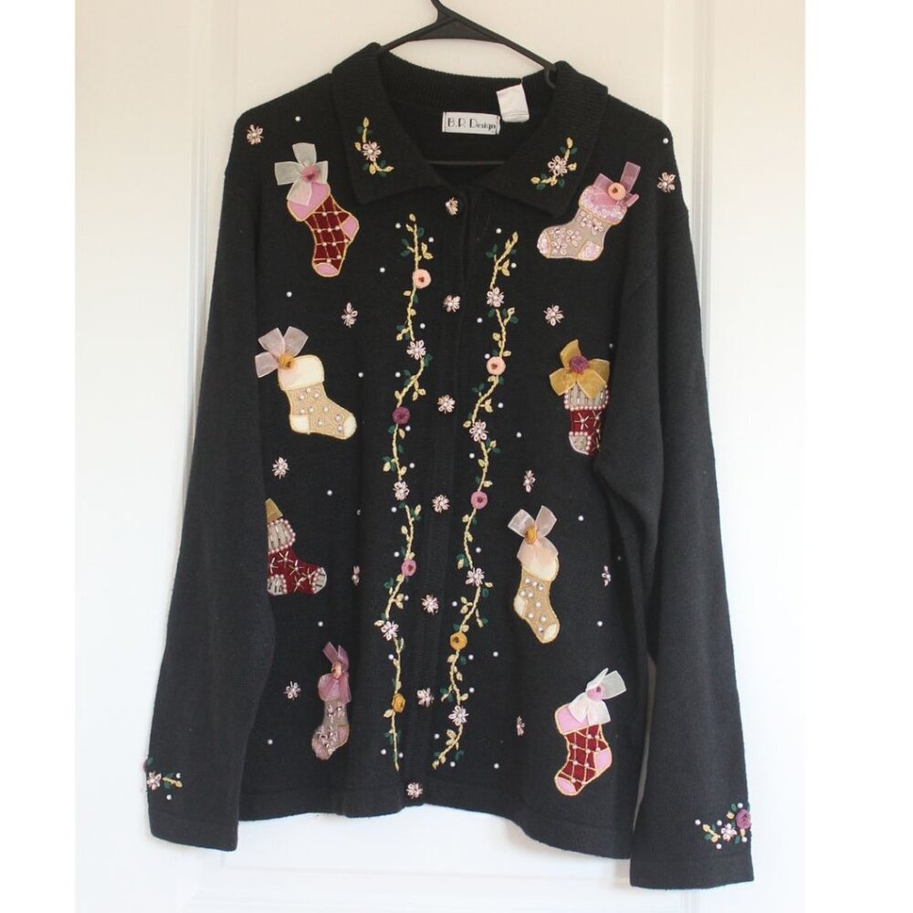 Vintage Christmas Cardigan Sweater Black Embroidered Beaded Women's Zs XL